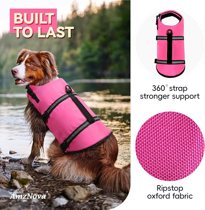 AMZNOVA Shark Dog Life Jacket + Rip Stop Dog Life Jacket, Durable Handle Reflective Buoyance