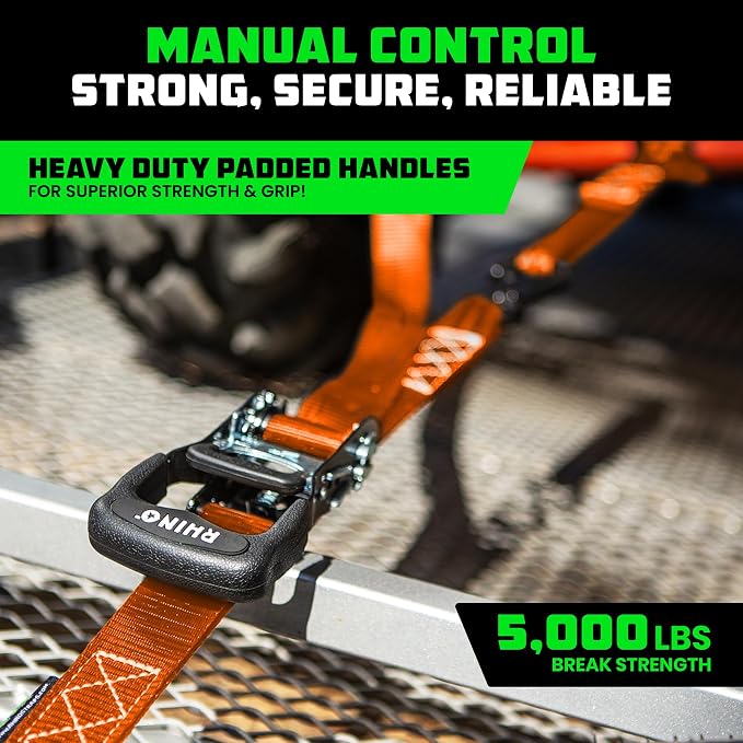 Rhino USA Ratchet Straps Heavy Duty Kit (4-Pack) - 1.6 Inch x 8 Feet Min Break Strength (5,000) - Ultimate Tie Down Straps with Safety S Hooks for Trucks, ATV, UTV, Motorcycle, Cargo & More - Orange