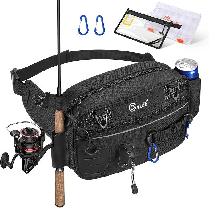 CVLIFE Fishing Tackle Bag Waist Pack with Rod Holder, Waterproof Fanny Pack | 900D Fabric, Convertible Carry, Detachable Shoulder Strap, Landing Net Holster, 3600 Tackle Box, Waterproof Pouch, Carabiners