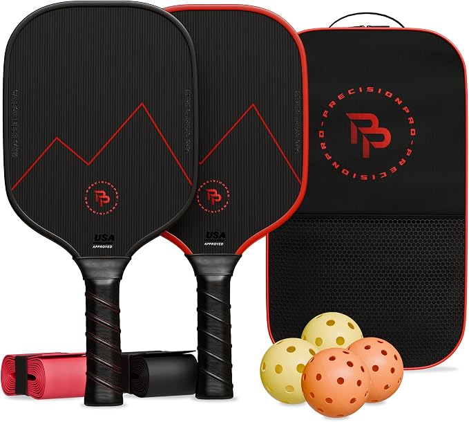 Precision Pro Carbon Fiber Pickleball Paddles Set of 2 — USAPA Approved, T700 Carbon, 14mm Honeycomb Core, 4 Indoor Outdoor Balls, Carry Bag, Pickleball Set for Beginners and Intermediate Players