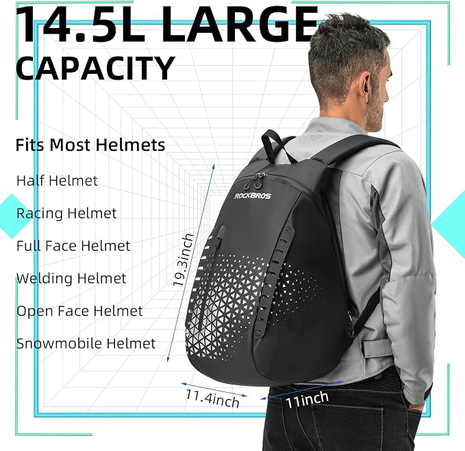 ROCKBROS Motorcycle Helmet Backpack, 14.5L Large Capacity Helmet Bags with Reflective Symbol, Waterproof Storage Bag Luggage Bag