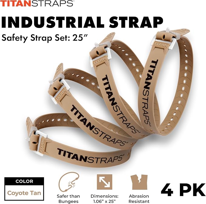 Titan Industrial Straps – Safety Strap Set to Secure Splits, Cargo Bikes, Garden Hoses, Wood Working Projects – 70 lb. Working Load, 25" Length, 4-Pack Coyote Tan
