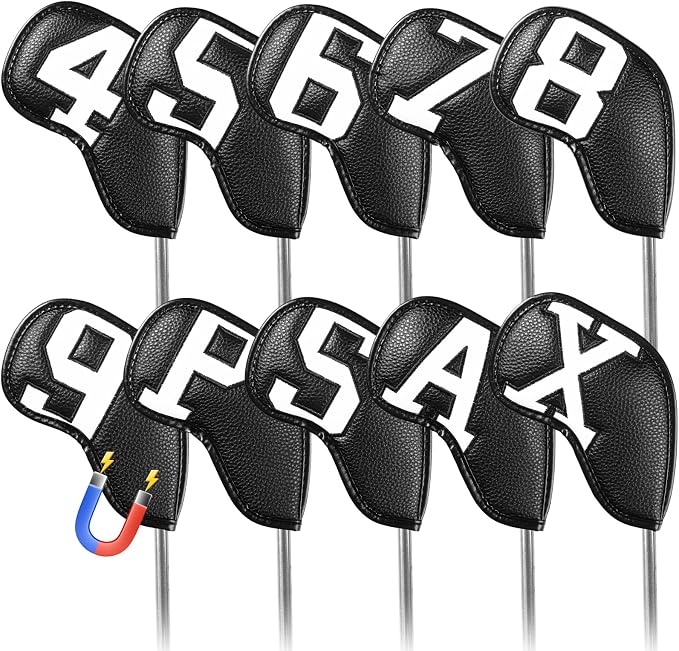 Golf Iron Covers Set Strong Magnetic Closure Value 10 Pack, Double Side Number Synthetic Leather Deluxe Club Headcover, Universal Head Cover Fit Main Irons Clubs for Women Men