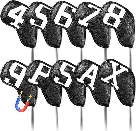 Golf Iron Covers Set Strong Magnetic Closure Value 10 Pack, Double Side Number Synthetic Leather Deluxe Club Headcover, Universal Head Cover Fit Main Irons Clubs for Women Men