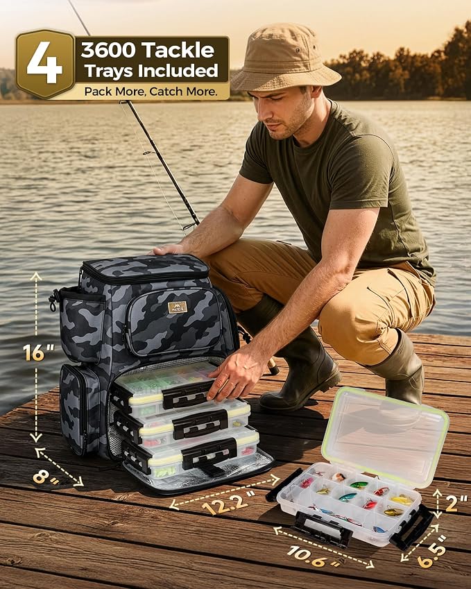 MATEIN Pro Fishing Backpack with 4 Tackle Boxes, 3600 Tackle Box Backpack | Fishing Bag with Rod Holder, Tackle Backpack with Large Side Gear Storage & Insulated Cooler Compartment, Fishing Gifts