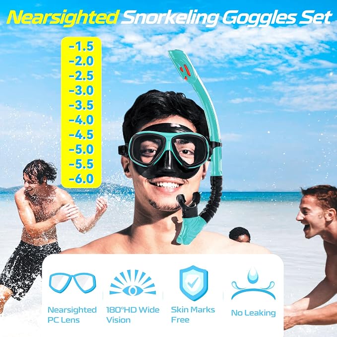 Nearsighted Snorkel Gear, Nearsighted Dry Snorkel Mask Set for Adult Youth, Nearsighted Anti Fog Diving Mask with Detachable Camera Mount & Adjustable Strap for Scuba Diving, Snorkeling, Freediving