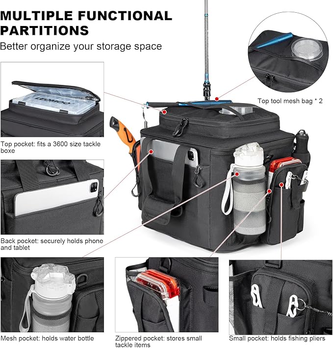 Rabjen Fishing Tackle Bag with Rod Holders & Cooler Main Compartment – Large Capacity Fishing Bag for Organized Gear Storage