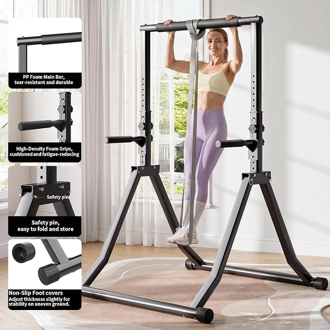 Foldable Power Tower Dip Station for Pull Ups, 58.3"-76.8" 12 Level 700 LBS, Adjustable Dip Handles & Assistance Bands Foldable Home Gym Equipment