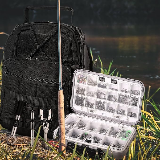 397 Pcs Fishing Accessories Kit Tools Include Backpack Fishing Tackle Box with Hooks Weights Sinkers Spinner Blade Gear