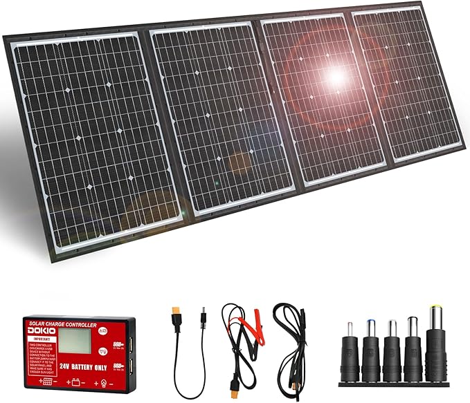 DOKIO 200W 36V Portable Foldable Solar Panel Kit, Compact 20x27.4in Design 9.7lb with Standalone Controller and USB, Monocrystalline Charger for 24V Batteries, Power Stations, RV Camping Emergency Use