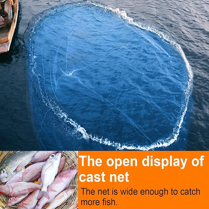 Nylon Monofilament Cast Net, 4FT/6FT/7FT/8FT/9FT/10FT/12FT American Style Hand Throwing Fishing Net with Iron Chain Weights for Saltwater and Freshwater