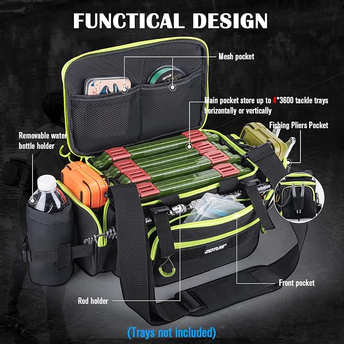 Goture Fishing Tackle Bag, 600D Water-Resistant Soft Side Crossbody Sling Bag with Rod Holder,Small Gear Storage Tactical Bags for Saltwater & Freshwater,Fits 4 3600 Tackle Boxes (Not Included)