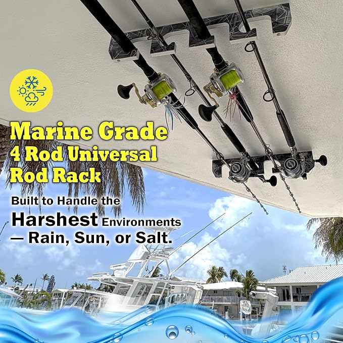 Rush Creek Creations Reel Salty Marine-Grade 4-Rod Fishing Rod Holder, Wall/Ceiling Mount Waterproof & UV-Resistant Saltwater-Safe Fishing Pole Organizer for Garage or Home Storage