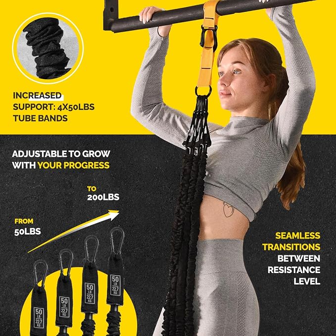 Pull Up Assistance Bands - 4 Heavy Duty Pull Up Bands with Adjustable Strap and Foot Rest - Stackable Pull Up Assist Band Set for Pull Up Bar - Resistance Bands for Pull Ups Chin Ups Strength Training