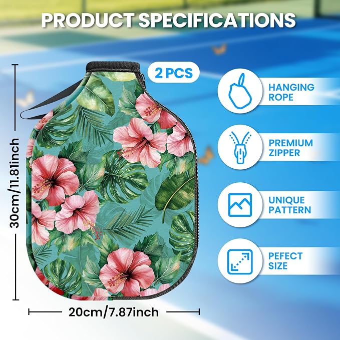 CUTHOLLOW 2PCS Pickleball Paddle Cover with Zipper, Compatible with with 11.81 x 7.87 Inch USAPA Paddles, Neoprene Scratch-proof & Machine Washable Racket Bag