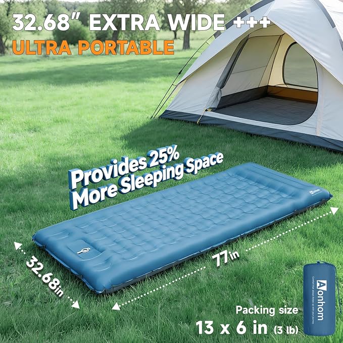 Camping Sleeping Pad, 6" Extra Thick Sleeping Mat with Pillow Built-in Foot Pump, 32.7" Extra Wide Inflatable Sleeping Pads Compact for Camping Backpacking Hiking Traveling Tent (Blue)