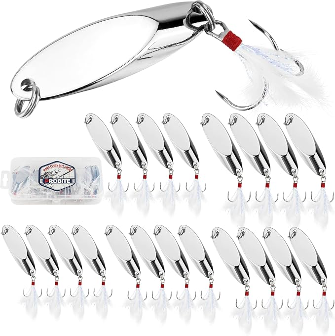 Jigging Spoon Fishing Lures 20/40PCS Kit – Metal Casting Spoon Lure Set with Treble Hooks, Mixed Sizes Spinner Baits for Saltwater & Freshwater Trout, Salmon, Bass