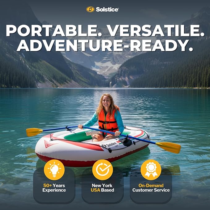 SOLSTICE Inflatable Boat for Lakes, Rivers & Beaches – Heavy-Duty Raft with Swivel Oar Locks & Grab Line – Voyager, Full Kit Includes Oars & Pump, 2-Person, White, 6'