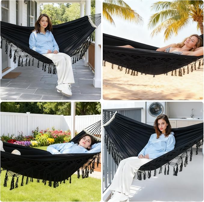 Portable Double Hammock, Hanging Hammock with Tassels and Fishtail Knitting, 550LB Capacity, 320GSM Hanging Bed with Set Full Accessories for Outdoor Camping Patio Balcony Black
