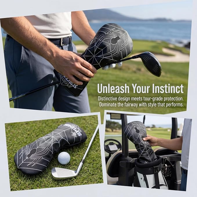 Vesperlux Spider Golf Headcovers Driver Wood Hybrid Iron | Waterproof Leather, Magnetic Putter Cover, Anti-Slip Fit, Full Protection, Durable, Fits Alignment Stick, Men's Golf Gift