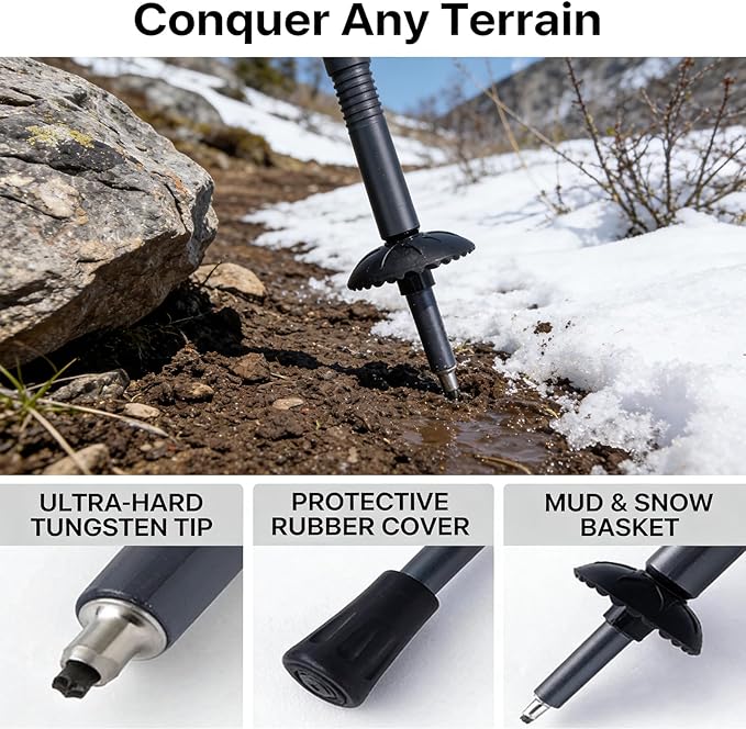 Trekking Pole Tactical Walking Stick, Multifunctional Lightweight Aircraft Aluminum Collapsible Survival Hiking Pole with Storage Bag for Women Men Seniors Camping Backpacking
