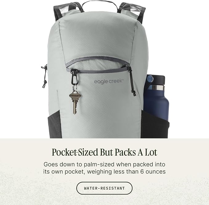 eagle creek Packable Backpack - Compact Multipurpose Water Resistant Backpack with Breathable Mesh Shoulder Straps - Perfect for Beach Days, Sports, Hiking & Travel - Storm Grey