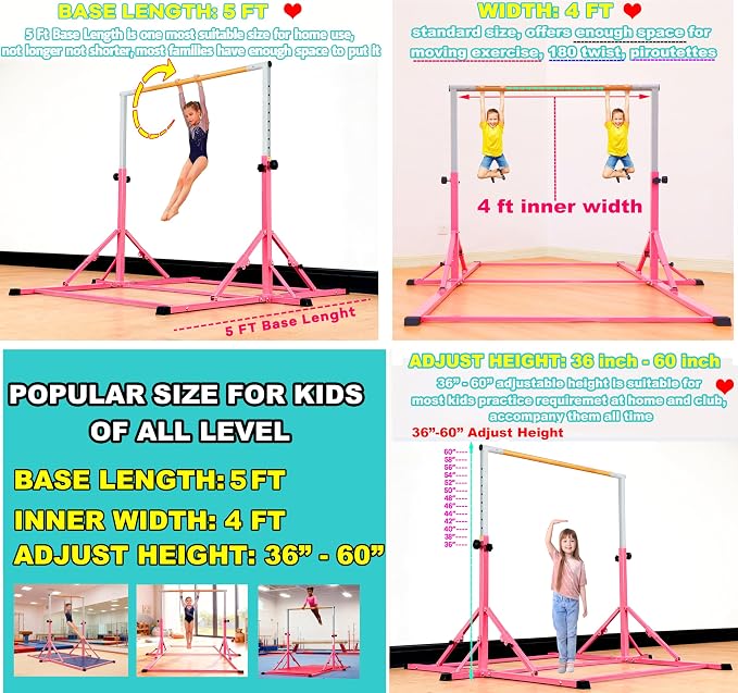 Marfula Gymnastic Bar For Kid and Teenage of 3-25, 5Ft/8 FT Base Length 4Ft Width 5Ft Adjust Height, Gymnastic Kip Bar For Gymnast, Gymnastic Training Equipment For Professional Training Home Club Use