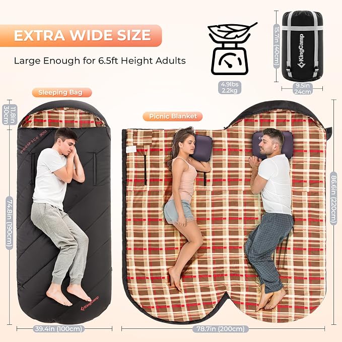 KingCamp Sleeping Bag for Adults Big and Tall, Cold Weather Camping Sleeping Bag with Soft 100% Cotton Flannel Lining, Portable Lightweight Outdoor Traveling & Car Camping