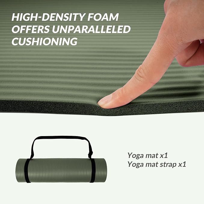 Signature Fitness Extra Thick High-Density Foam Yoga Mat – Multiple Thicknesses (1/2" & 1") / Multiple Colors – Double-Sided Non-Slip Surface – with Carrying Strap for Pilates, Yoga & Home Workouts