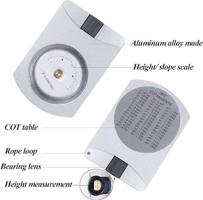 Pocket Altimeter, Clinometer, Battery-Free Altimeter, Professional Aluminum Accurate Altimeter, Compact Handheld Clinometer for Height & Slopes Angles Measuring, Silver