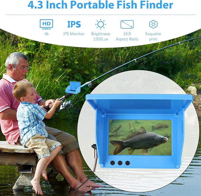 Underwater Fishing Camera 4.3 Inch,4K HD IPS Monitor Fish Finder 220° Wide Angle IP68 Waterproof Infrared Night Vision with 98ft Cable,5000mAh Fishing Camera Gift for Men,Ice Lake Boat River Fishing