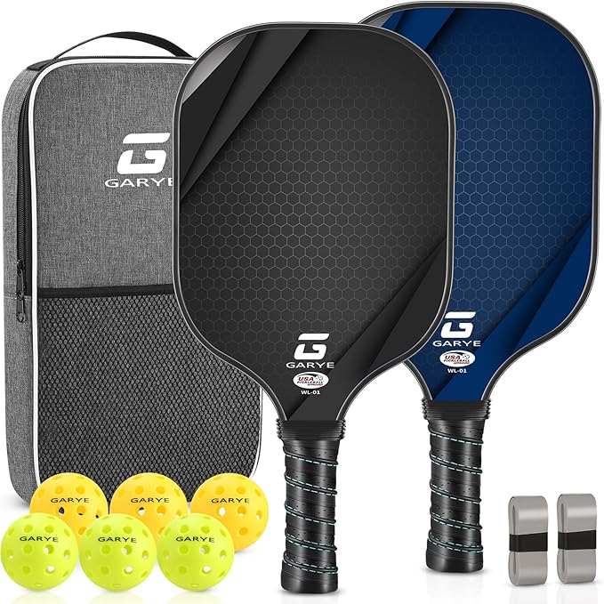 GARYE Pickleball Paddles Set of 2 or 4, USAPA Approved Carbon Fiber Pickleball Set, Lightweight Pickle Ball Rackets 2 Pack with 6 Balls, 1 Bag, Pair of Grip Tapes, Pickle Ball Paddle for Men and Women