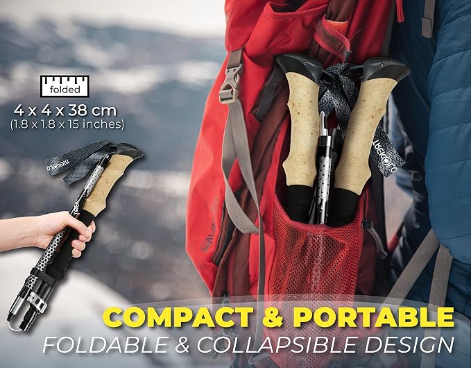 TREKOLOGY Trek-Z Collapsible Hiking & Trekking Poles -100cm-120cm (Black) Adjustable Length - Bundle with 8 pcs of Rubber Pole Tip - Perfect Set for Hikers, Backpacker - Walking Stick for Camping