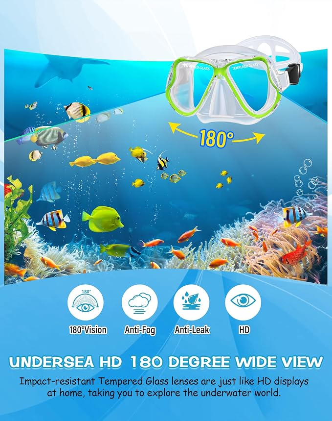 Greatever Dry Snorkel Set,Panoramic Wide View Anti-Fog Scuba Diving Mask,Professional Snorkeling Gear for Adults Kids