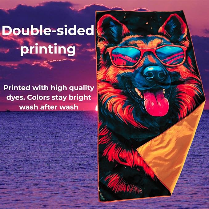 Microfiber Funny German Shepherd in Sunglasses Colorful Beach Towel for Women, Girls, Kids, Boys, Men, Plush Beach Towel, Absorbent Pool Towel Super Soft, Oversized 31x62 Inches