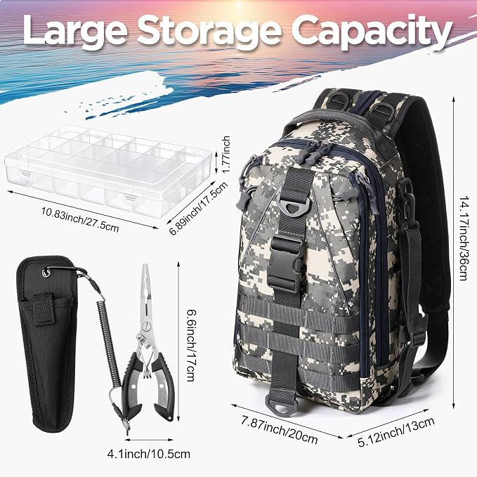 RoundFunny 85 Pcs Fishing Backpack with Tackle Boxes, Tackle Sling Bag with Rod Holder, Fish Lures and Pliers, Fish Tools Gears & Equipment Father's Day Fishing Gift for Dad Men