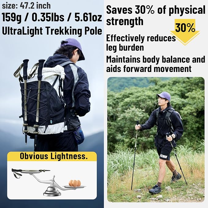 Naturehike 1 Piece Carbon Fiber Trekking Pole, 6oz Ultralight Single Collapsible Walking Stick for Women & Men, Adjustable Foldable Hiking Pole for Backpacking, Travel