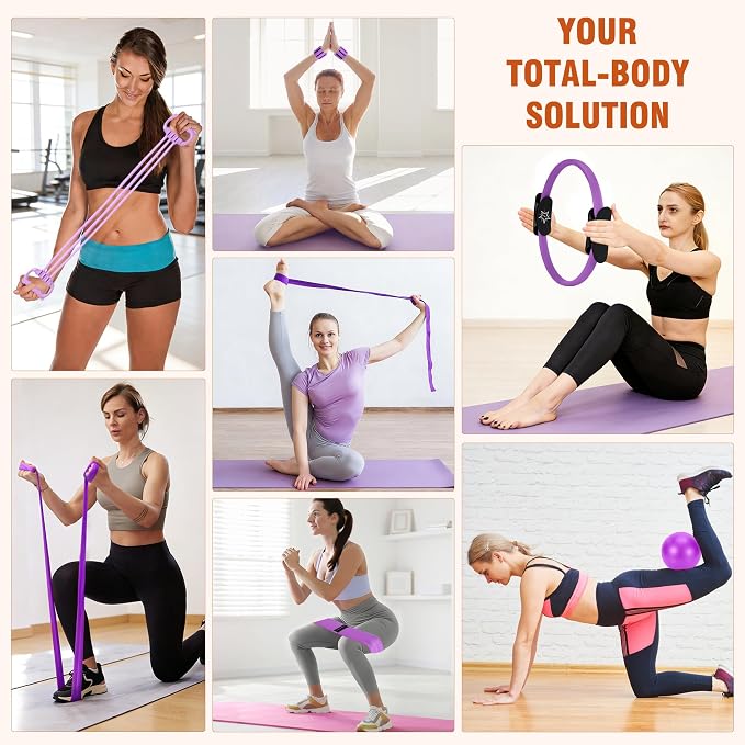Pilates Equipment Kit for Home Workout, Pilates Ring and Ball Set for Women, 14'' Magic Circle Essentials Accessories Kit, Wrist Weights, Resistance Bands, Yoga Strap, Socks, Bag