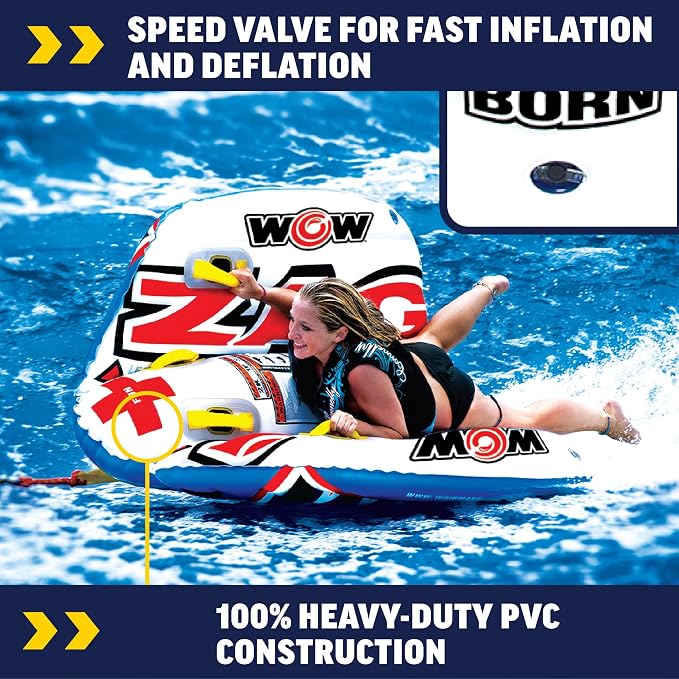 Wow Sports Zig Zag Towable Inflatable Tube for Boating - 1 to 2 Person Towable - Steerable Tubes for Boating