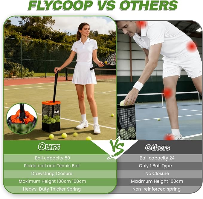 Tennis Ball Hopper & Pickleball Picker Upper, Ball Collector Hopper Holds 60 Tennis Balls or 50 Pickleballs, Adjustable Handle, Heavy-Duty Spring Ball Retriever for Training & Court Practice