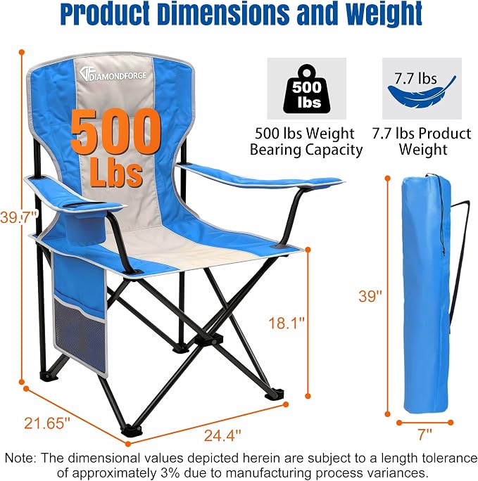 Oversized Camping Chair, 500 LBS High Back Lawn Chairs Folding (Gray Blue) | Outdoor Portable Heavy Duty Folding Camping Chair for Adults, with Cup Holder for Picnic, Lawn, Beach, Fishing and Sports