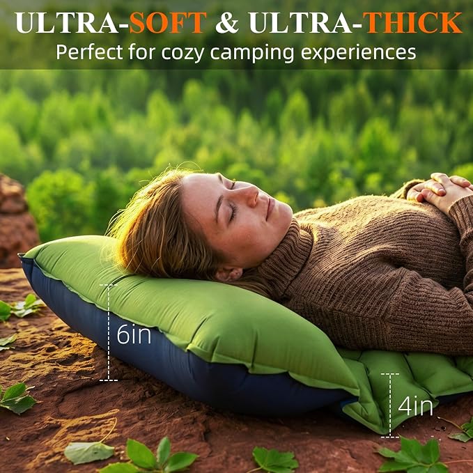 Camping Sleeping Pad, Ultralight Inflatable Sleeping Mat with Pillow & Foot Pump, Extra Thick Compact Camping Mattress for Hiking, Backpacking & Tent Use, Dual-Colored Design (Green)