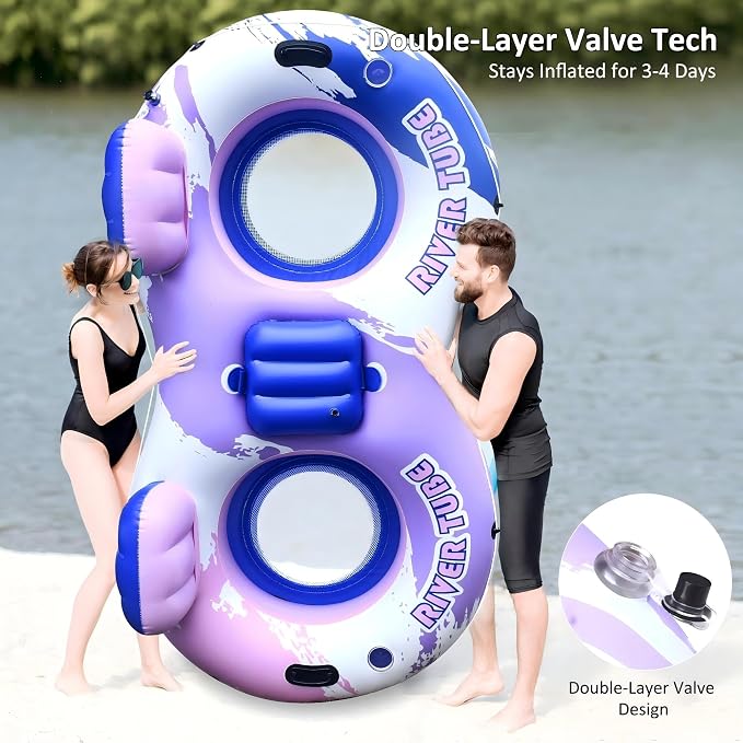 Heavy Duty 2 Person Floats for Adults, 91" X 50" Inflatable River Tube, Adult Floats for Lake, Swimming Tubes with Backrests, 2 Cup Holders, Storage Compartment