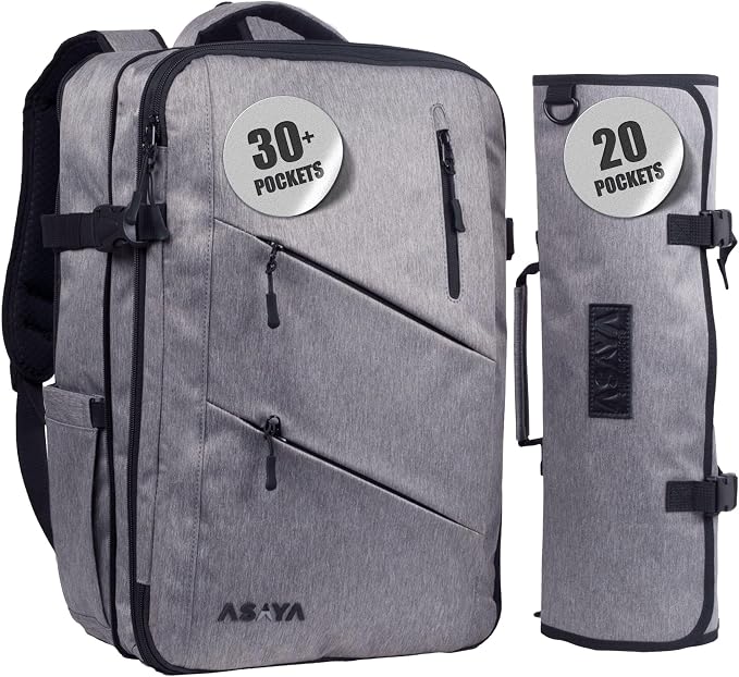 Asaya Chef Knife Backpack with 20-Pocket Knife Roll Bag - Over 30 Storage Pockets Chef Bag, Professional Backpack for Chefs and Culinary Students – Knives Not Included (Grey)