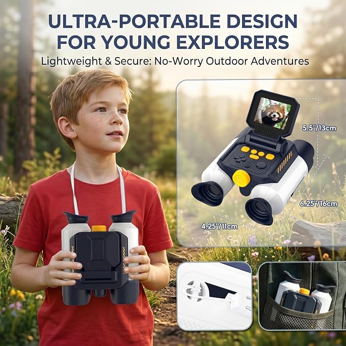 Kids Binoculars with Night Vision Camera, 10X Zoom Digital Adventures Telescope with 2.4" IPS Screen, Nature Explorer STEM Toys for Bird Watching Camping, Gifts for Boys Girls Age 4-12 - White