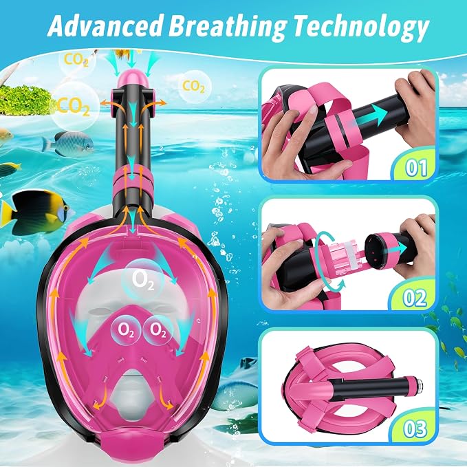 Greatever G2 Adults Kids Full Face Snorkel Mask 2 Pcs,Snorkeling Gear with Latest Dry Top System,Foldable 180 Degree Panoramic View,Safe Breathing,Anti-Leak&Anti-Fog Snorkeling Mask with Camera Mount