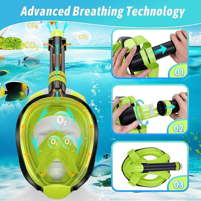 Greatever G2 Adults Kids Full Face Snorkel Mask 2 Pcs,Snorkeling Gear with Latest Dry Top System,Foldable 180 Degree Panoramic View,Safe Breathing,Anti-Leak&Anti-Fog Snorkeling Mask with Camera Mount
