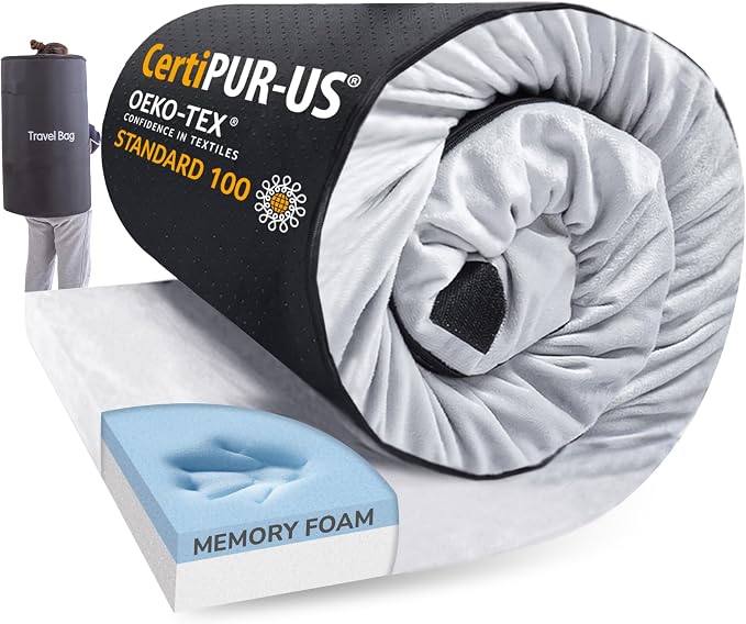 Memory Foam Camping Mattress 2.5 inch, Single Portable Roll Up Camping Sleep Topper with Waterproof and Non-Slip Bottom, Camping Car Mat with Travel Bag, 75"×30"×2.5", Grey
