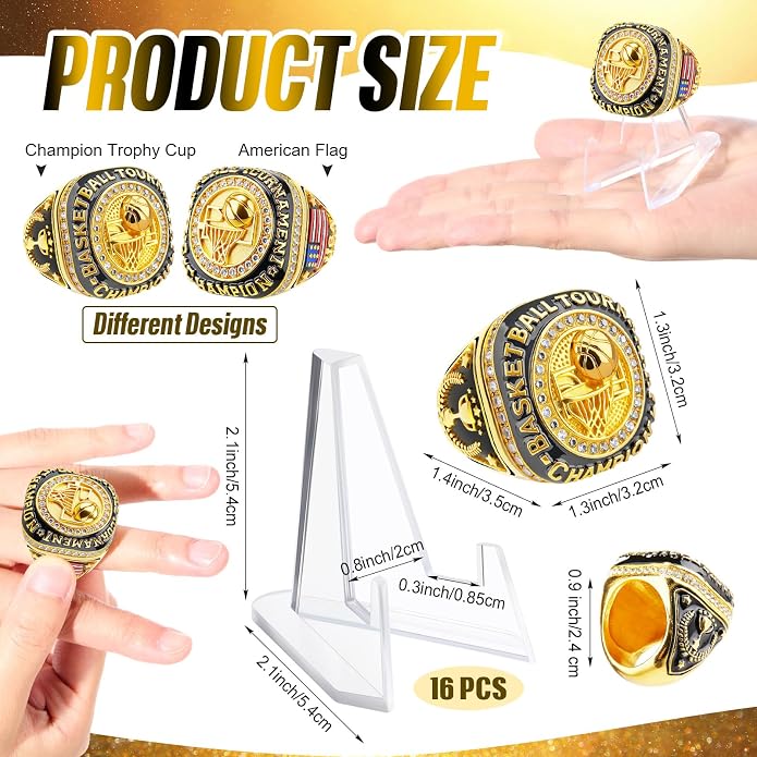 Misdary Soccer Baseball Basketball Championship Rings with Holder Most Valuable Player Trophy Gold Ring Award Gift Team Prize for Football Tournament Winner