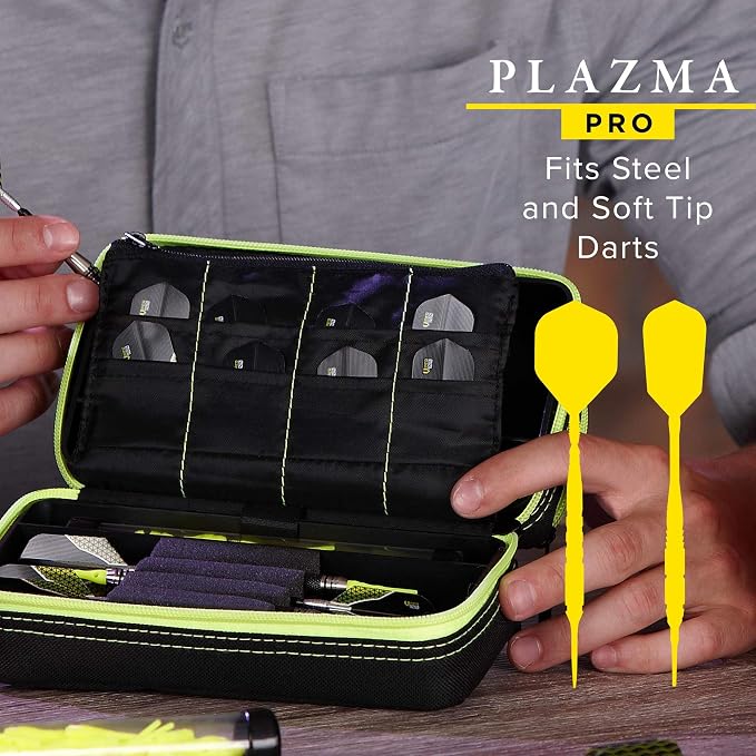 Casemaster Plazma Pro, 6 Dart Case for Soft and Steel Tip Darts, Features Large Front Mobile Device Pocket, Built-In Storage Tubes and Pockets for Flights, Tips, Shafts, and Personal Items